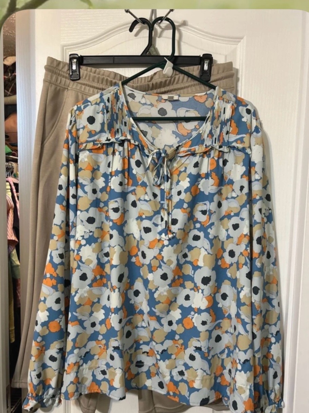 Floral Tie-Neck Blouse in Blue and Cream